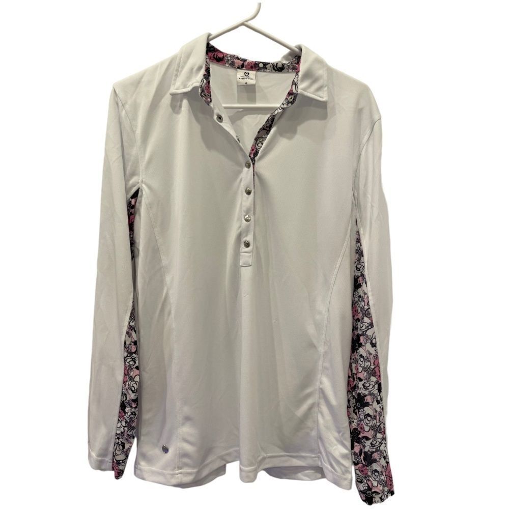 Daily Sports White Long Sleeve Floral Mesh Collard Top.SizeXL